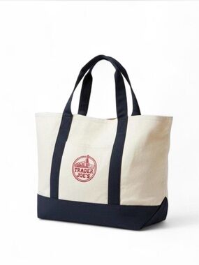Trader Joe's Cream and Navy Canvas Large Tote Bag